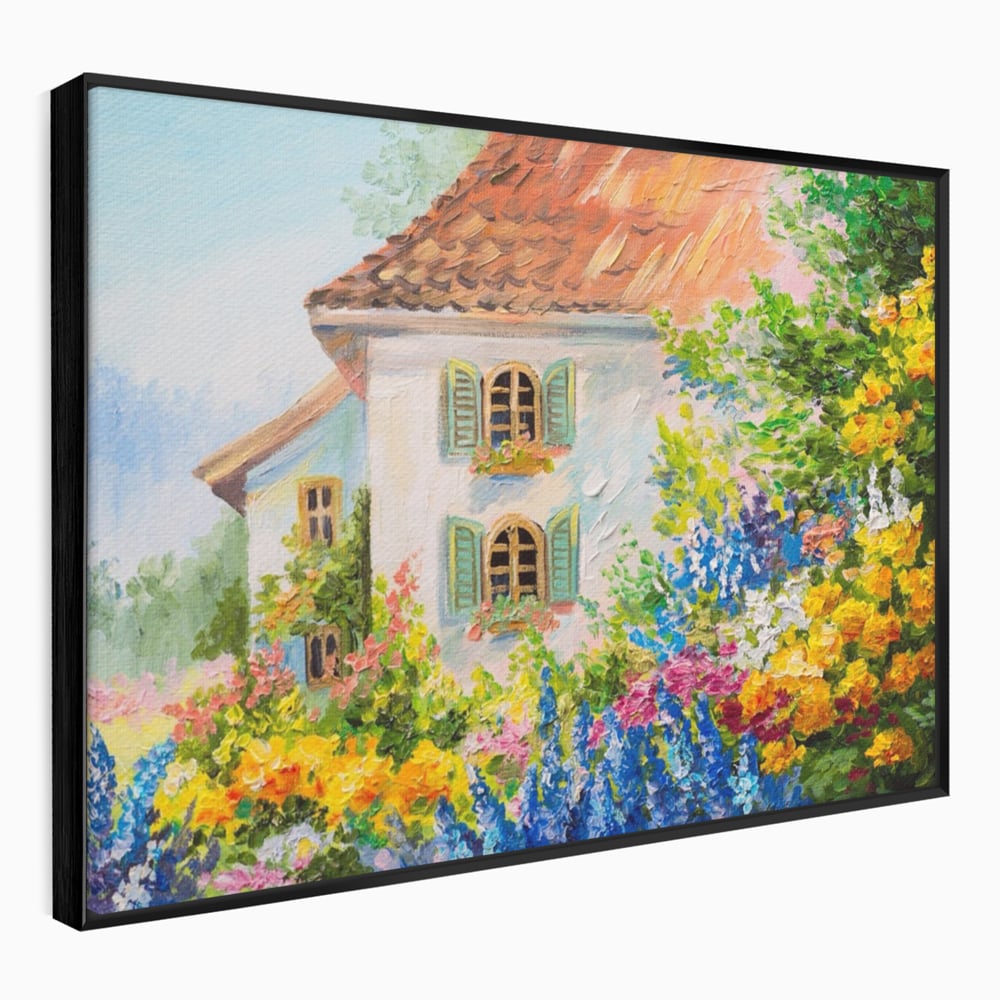 Tablou canvas cu pictura cu casa alba si flori, in rama de aluminiu negru